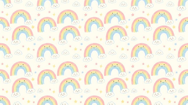 Seamless pattern with cute cartoon rainbows and clouds for nursery and kids decor