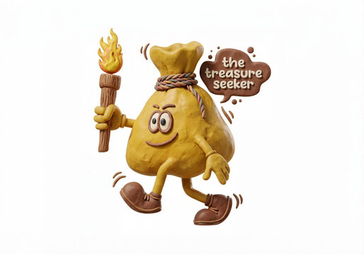 Clay money bag character holding torch, treasure seeker mascot in plasticine style isolated on white