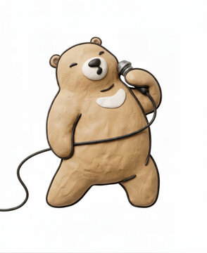Clay bear singing with microphone, plasticine cartoon animal character, 3d claymation music icon on white