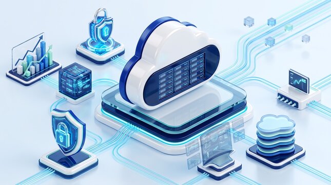 Secure cloud computing architecture featuring server nodes and data protection shields in an isometric digital environment for professional cybersecurity and cloud networking solutions