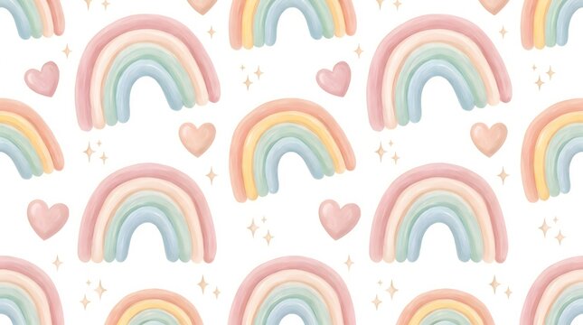 Seamless pattern with pastel rainbows and hearts on a white background