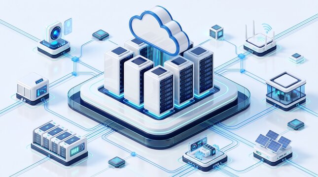 Smart cloud computing facility with centralized server hardware and renewable solar energy integration for sustainable data storage and advanced high speed global network connectivity systems