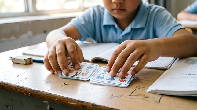 Close up of a young Asian boy's hands touching picture vocabulary flashcards with Chinese characters at a worn wooden school desk, notebook and pencil nearby