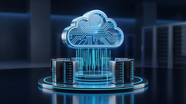 High performance cloud computing server room with glowing blue circuit board cloud emblem representing centralized data processing and advanced information technology storage infrastructure