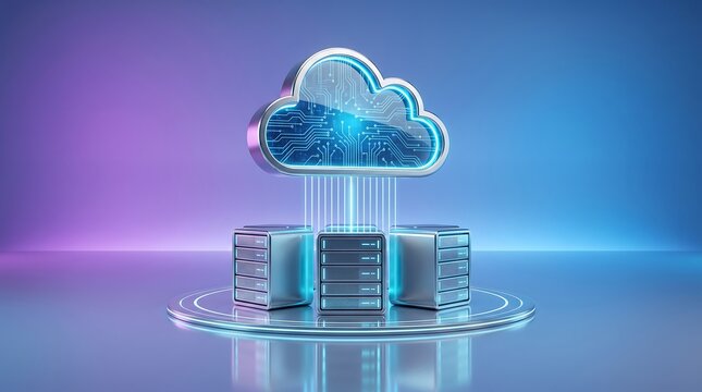 Modern cloud computing platform with integrated server infrastructure and glowing digital circuitry representing secure data storage solutions for scalable enterprise business environments
