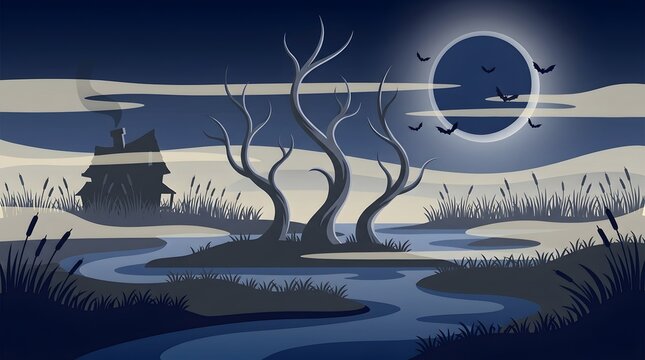 Halloween marsh landscape vector illustration with spooky house, dead trees, bats, and glowing moon in night sky