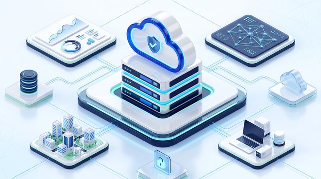 Cloud computing server architecture with integrated security shield icon and analytics interface for monitoring urban smart city network connectivity and digital data storage solutions