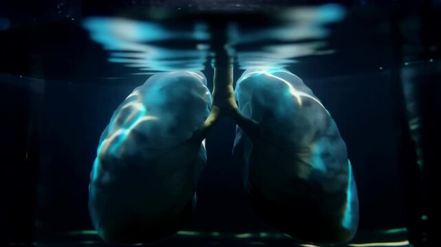 Lungs submerged in water, showcasing intricate details and textures, with light reflections creating a captivating visual experience in a dark aquatic environment