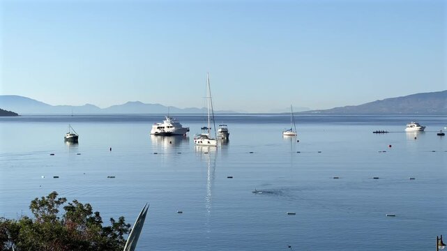 A tranquil panoramic view of Bitez Bay in Turkey, featuring calm blue waters with anchored boats, yachts, and a rowing team set against coastal hills under a clear sky.