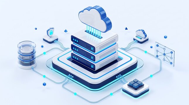 Futuristic server tower with cloud storage interface and secure data protection shield for advanced enterprise network connectivity and integrated information technology system management