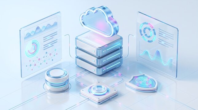 Integrated cloud storage server architecture with holographic analytics dashboard and biometric security interface for secure enterprise data management and global business connectivity