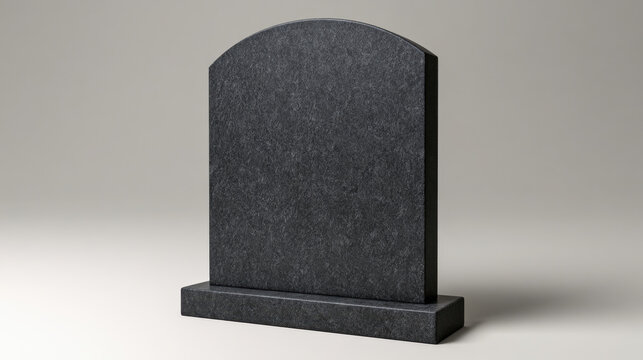 Dark gray granite gravestone with rounded top, blank face and rectangular base isolated on a neutral studio background