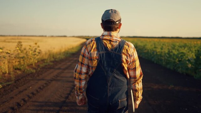 Seasoned farmer stands confidently amidst golden fields, straw hat on head. Classic red plaid shirt and sturdy overall, symbol of hard work and rural integrity, agricultural innovation and traditions