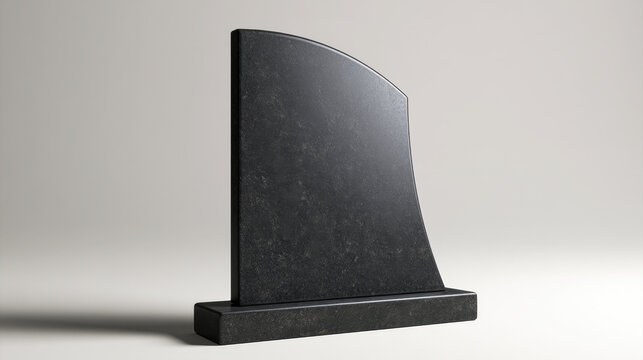 Polished black granite gravestone with asymmetrical curved top, blank face and rectangular base isolated on a neutral studio background