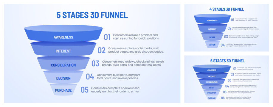 3D Funnel Diagrams 4 to 6 Stages Gradient Blue Infographic Vector Presentation Template Set for Business and Marketing. 