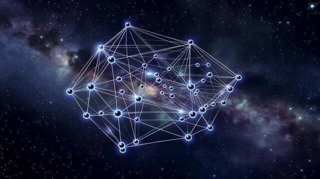 Abstract visualization of interconnected nodes and lines in a cosmic space, illustrating the progression of a network structure with glowing elements and a starry background