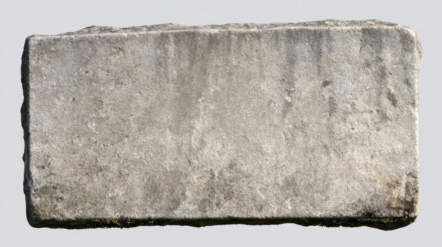 Weathered gray granite memorial slab with a wide blank rectangular face and rough darkened base isolated on a light gray background