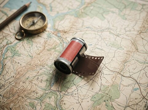 35mm Film Roll with Vintage Compass on Topographic Map