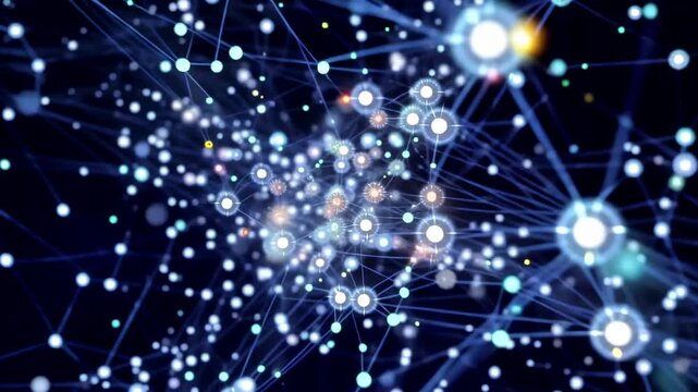 Abstract digital network visualization with glowing particles and connecting lines, showcasing depth and movement in a dark background environment
