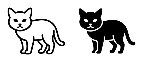 Fototapeta premium Two Cat Icons: Black Silhouette and White Outline, Simple Vector Art for Pet Lovers and Animal Graphics
