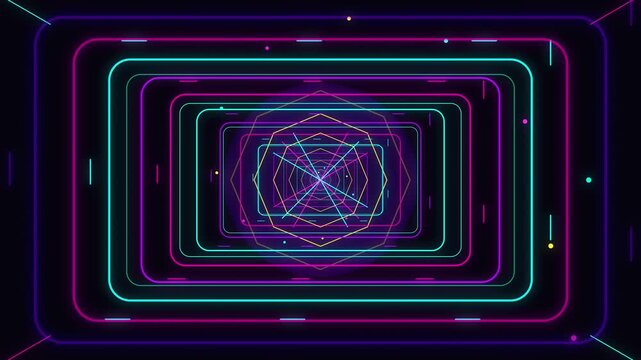 Abstract neon tunnel flight, futuristic sci-fi motion graphic with colorful lights and music beat