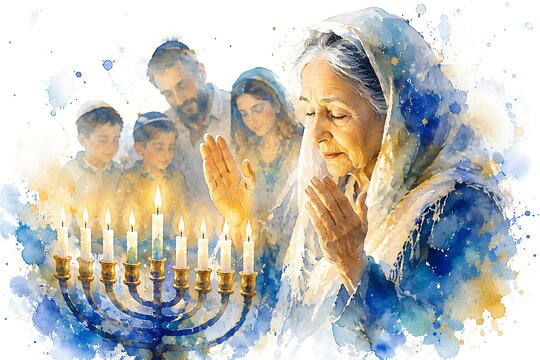 Grandmother saying the blessing, watercolor illustration