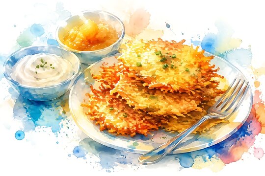 Plate of latkes with applesauce, watercolor illustration