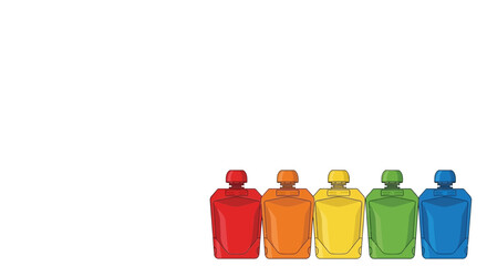 Obraz premium Colorful flexible pouches arranged in a neat row on a clean white background, symbolizing sustainable packaging solutions for a zero-waste lifestyle, ideal for food, cosmetics, and household refills.