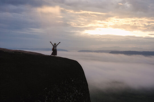 The sunrise of Mountain temple Tree Rock Whale in bungkan Thail