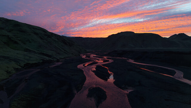 Dramatic Sunset over Thakgil Valley in the Icelandic Highlands