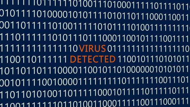 Virus detected text or word with digital binary animation background, designed for an illustrative digital world technology concept representing malware alert and cybersecurity threat.