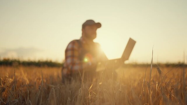 Modern technology for agribusiness, male farmer using laptop in golden rye field . Sustainable agriculture and innovative agronomy, use computer with internet connection in nature for communication