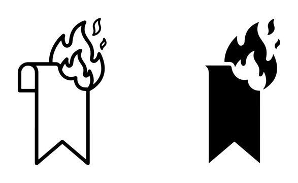 Burning Bookmark Icons, Fire Emblem Vector Set, Hot Reading Symbol Graphics, Danger Alert Sign