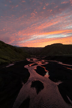 Dramatic Sunset over Thakgil Valley in the Icelandic Highlands