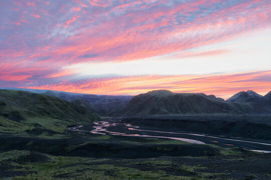 Dramatic Sunset over Thakgil Valley in the Icelandic Highlands