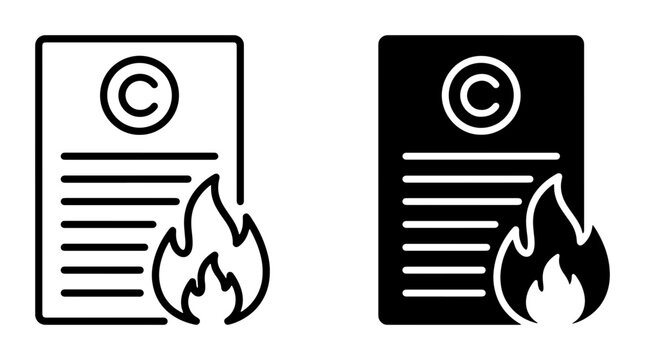 Copyright Infringement Icons, Burning Document Symbol, Legal Violation Vector Set, Intellectual Property Theft Alert