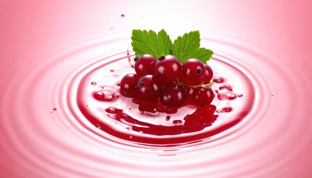 Red currant berries falling into splashing red liquid.