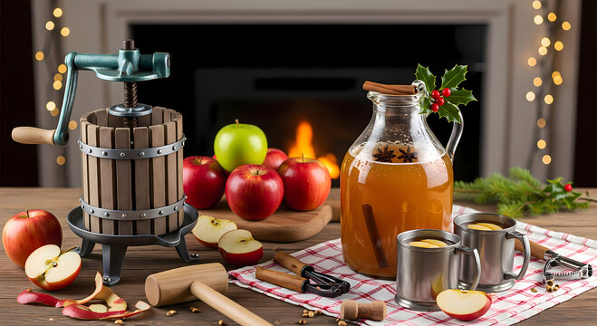 Homemade Apple Cider Press with Fresh Apples and Warm Juice in a Cozy Rustic Interior