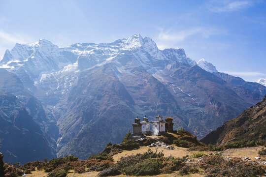 Buddhist stupas and mountains on the background, Nepal