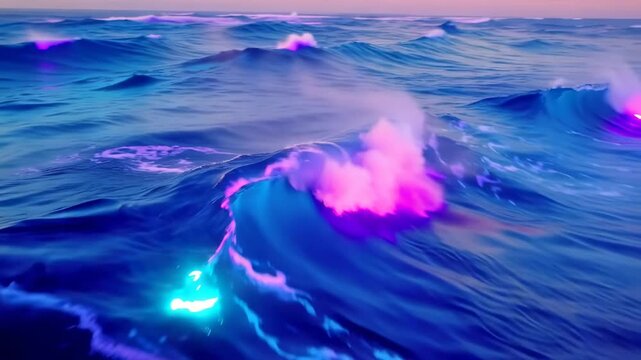 Ocean waves crash and roll under a vibrant sunset sky, showcasing a dynamic interplay of colors and textures across the water's surface in a coastal setting