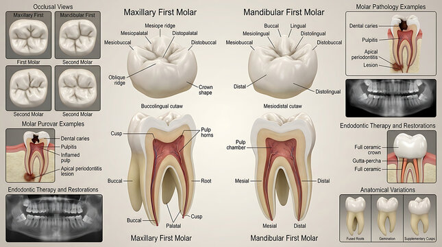 3D Photorealistic Complete Human Molar Tooth Anatomy with Crown Roots Pulp and Occlusal Morphology