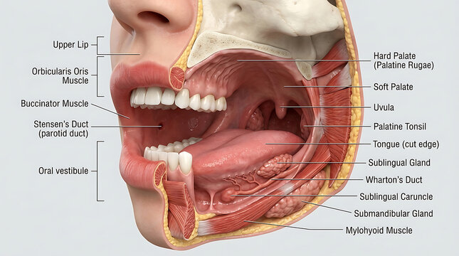 3D Photorealistic Complete Human Oral Cavity Anatomy with Lips Cheeks Palate Floor and Salivary Ducts