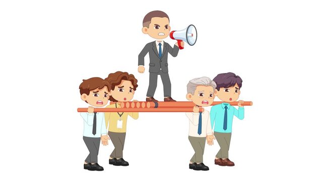 Employees carrying a strict boss with a megaphone, concept animation about worker exploitation on green screen background