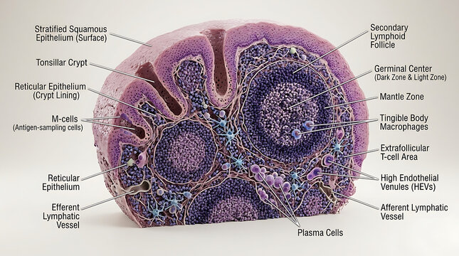 3D Photorealistic Complete Human Palatine Tonsil Microscopic Anatomy with Crypt Epithelium and Follicular Structure