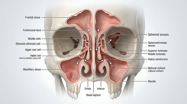 3D Photorealistic Complete Human Paranasal Sinus Anatomy with Frontal Maxillary Ethmoid Sphenoid and Drainage