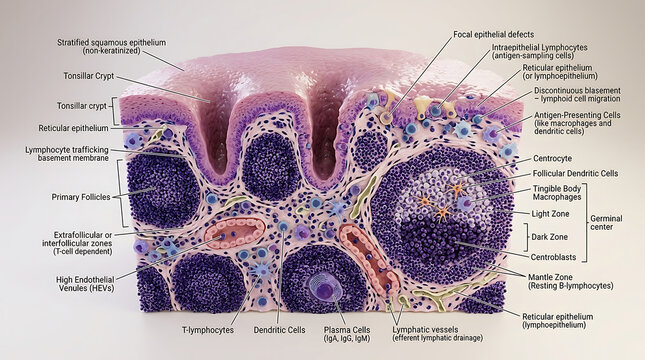 3D Photorealistic Complete Human Palatine Tonsil Microscopic Anatomy with Crypt Epithelium and Follicular Structure