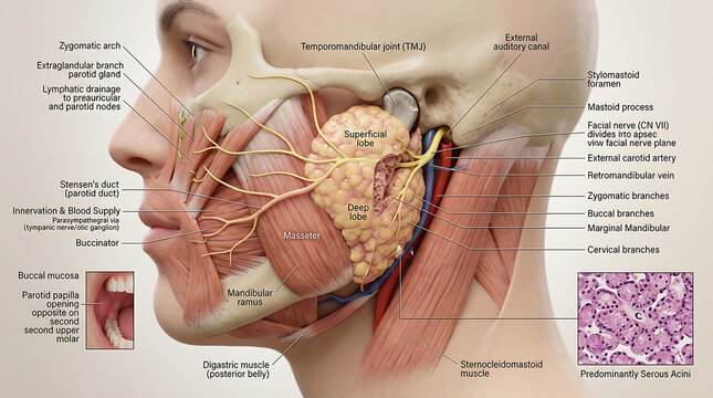 3D Photorealistic Complete Human Parotid Gland Anatomy with Stensen Duct and Facial Nerve Branches