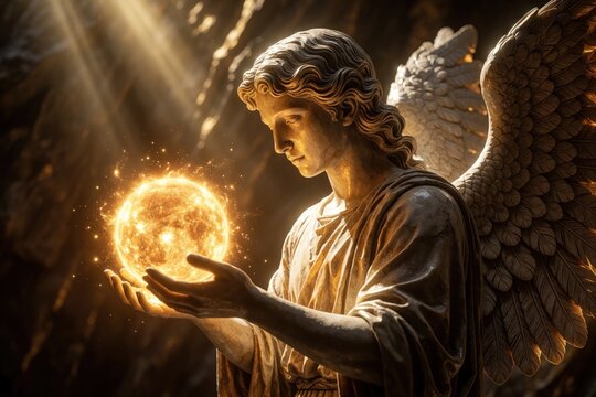 Marble statue angel holds radiant sun in cupped hands. Winged figure exudes divine light and celestial grace. Heavenly being gazes down with serene wisdom. Spiritual art inspires hope and creation.