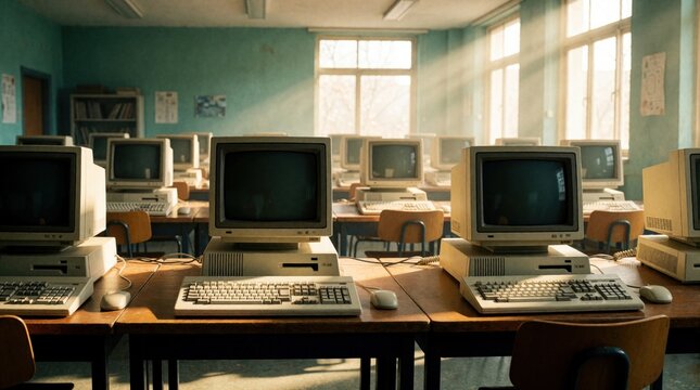 Retro computer lab with rows of vintage CRT monitors and keyboards. Sunlight streams through windows illuminating dusty desks and chairs. A nostalgic scene of early tech education rooms.