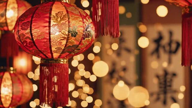 Traditional red lanterns with gold tassels and festive bokeh background